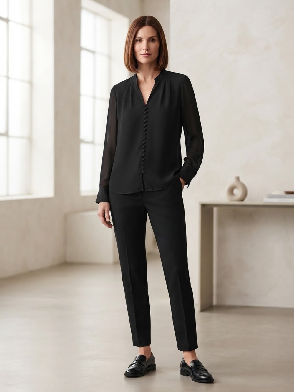 Calvin Klein Black Sheer-Sleeve Button Placket Blouse